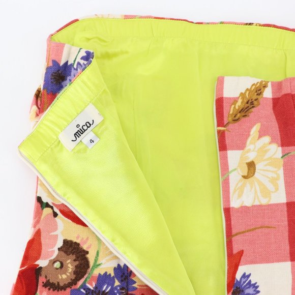 SOLD - Vintage Mica Red Gingham Floral Strapless Mini Dress Cotton/Linen/Silk - Picture 5 of 15